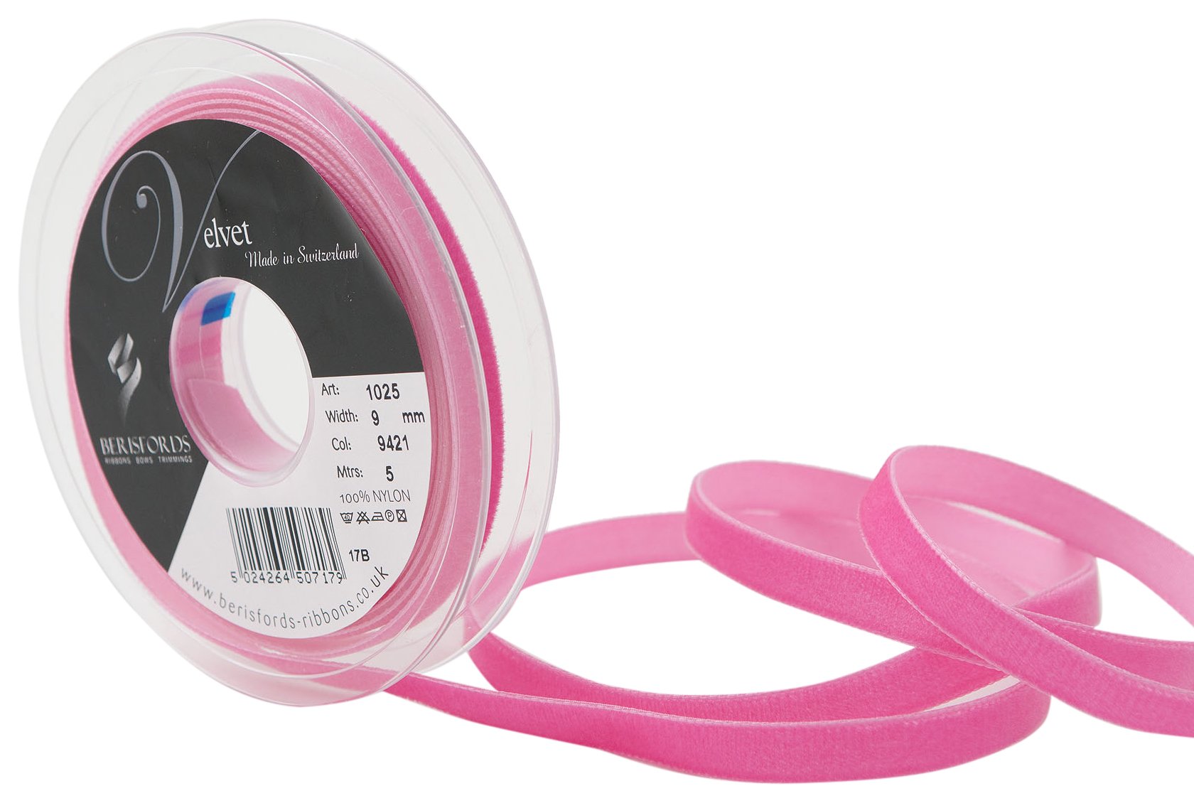 Berisfords Velvet Ribbon Shocking Pink 15mm x 10m - Nylon Craft Ribbon for Sewing, Gift Wrapping and Hair Accessories — image 1