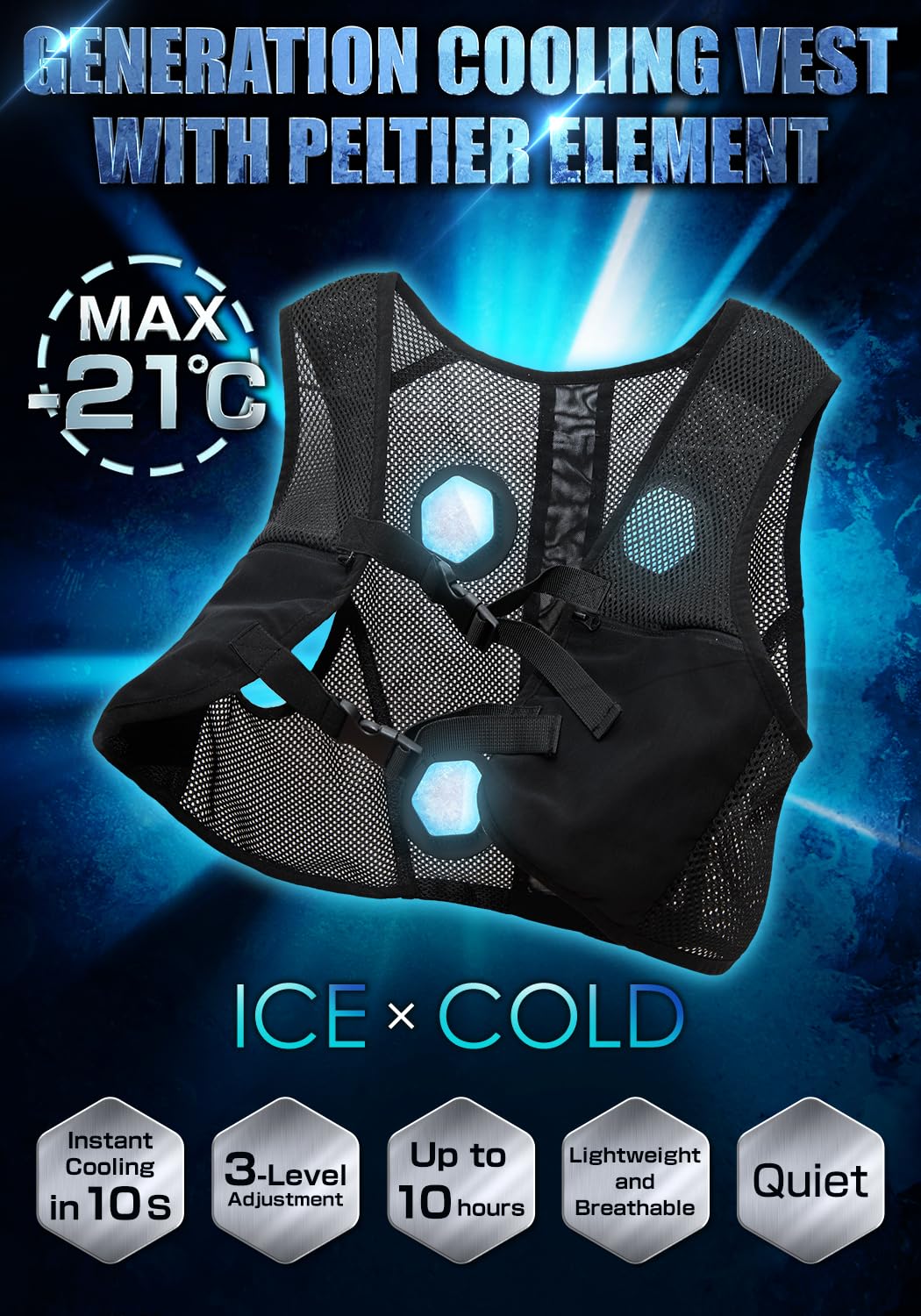 NAFUJAT Peltier Vest [Max -21?] Cooling Vest, Peltier Element, 20000mAh Battery Included, Type-c Power Supply, 3 level Temp Adjustment, Quick Cooling, Quiet, One Size (M-XL Compatible)