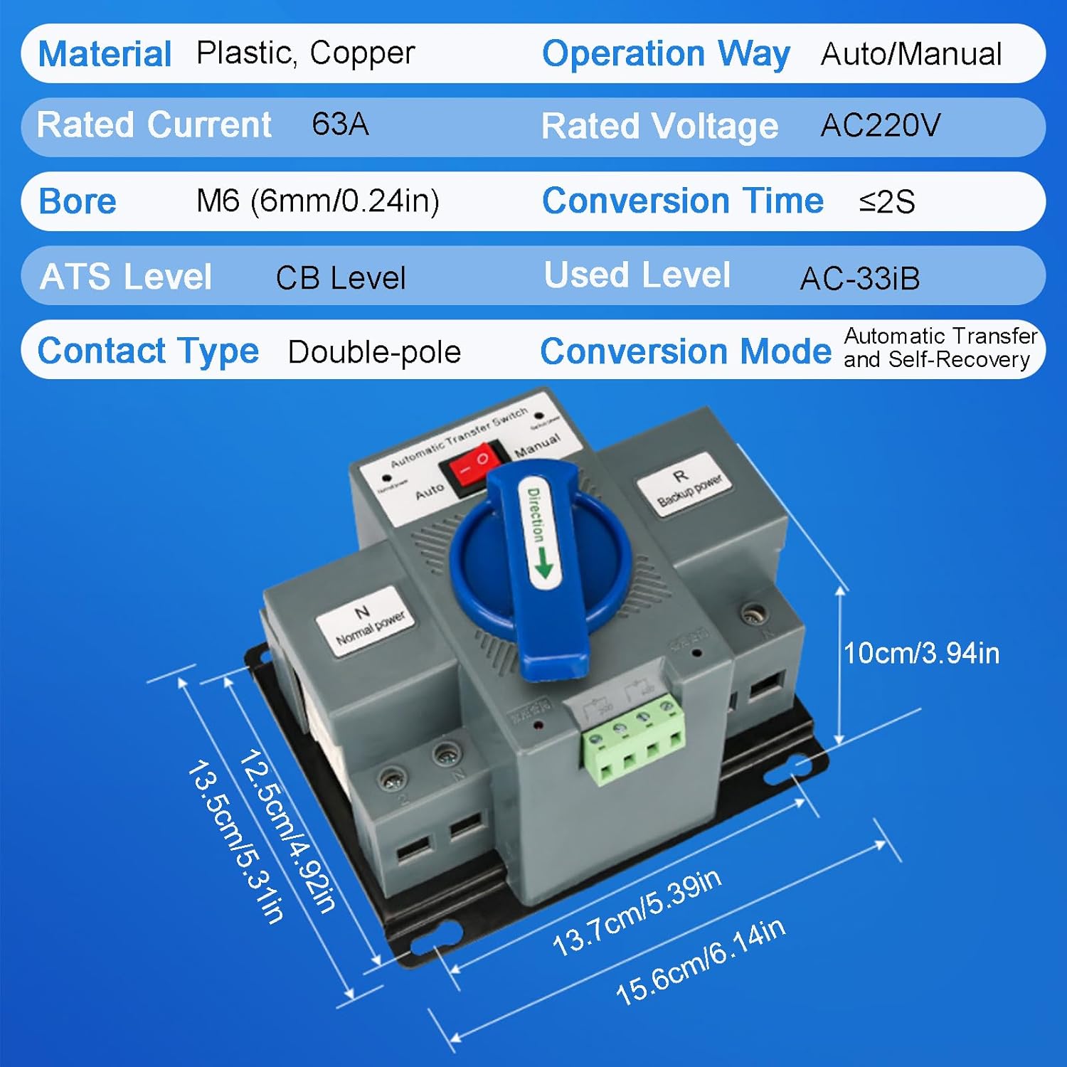 63A 110V Dual Power Automatic Transfer Switch Manual Transfer Switch 50/60Hz Din Rail Mounted Mini ATS 2/3/4P 63/32A for Hone Generator and Backup Power RV (2P 63A)