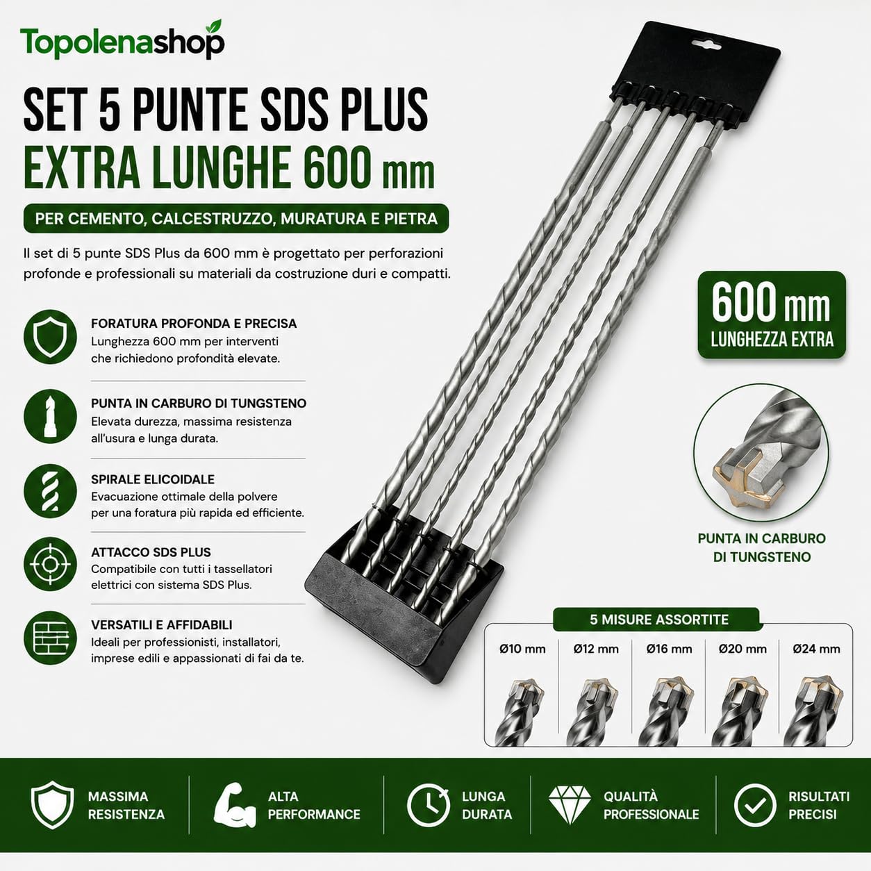 Set di 5 Punte SDS PLUS 600 mm per Trapano Tassellatore – Diametri 10, 12, 16, 20, 24 mm per Cemento, Pietra e Calcestruzzo – Elevata Resistenza e Durata