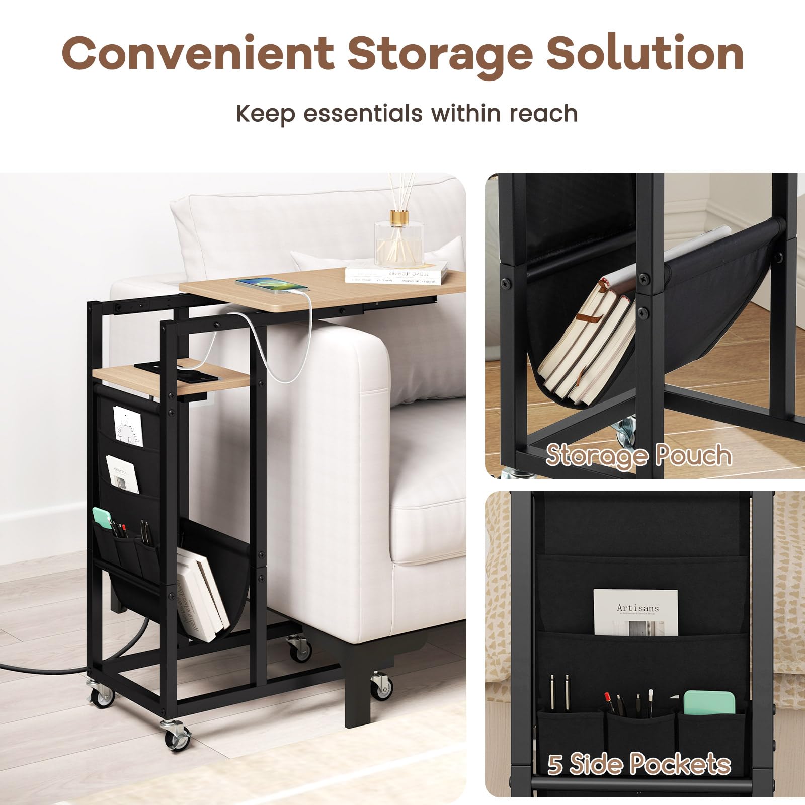 Giantex Mesa Auxiliar en Forma de C con Tablero Extensible, Enchufes y 2 Puertos USB, Mesita con 4 Ruedas, Estantes Abiertos y Bolsa Lateral, Mesa Lateral para Salón, Dormitorio (Gris)