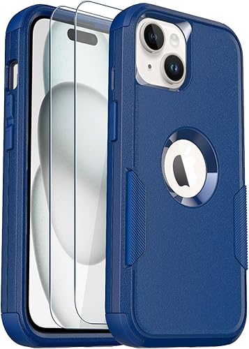Funda para iPhone 15, 2 protectores de pantalla de vidrio templado, a prueba de caídas de 10 pies, antideslizante, a prueba de golpes, funda para