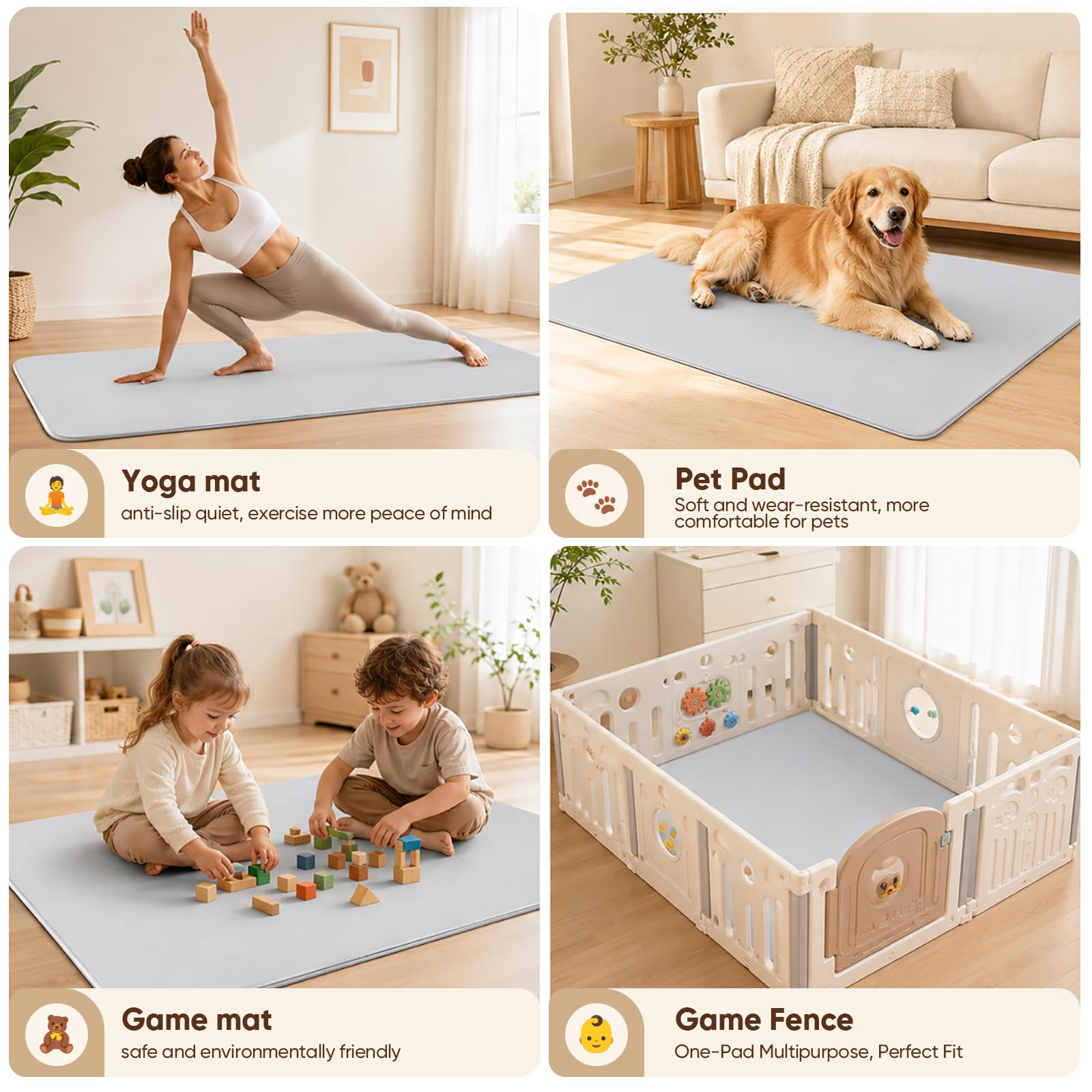 Tapis pour Enfants 127x127x3cm, Épais, Imperméable, Antidérapant, Pliable, Gris