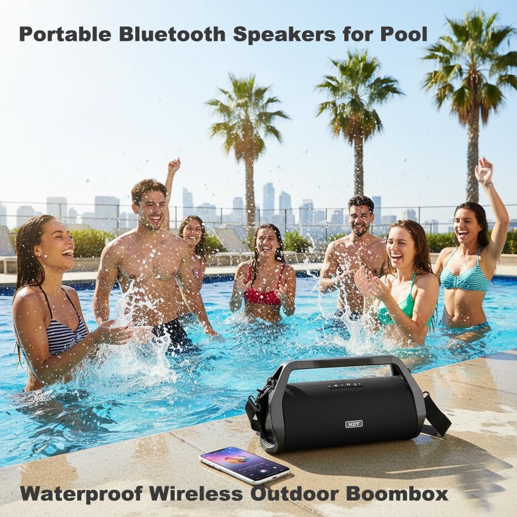 Portable Bluetooth Boombox Speaker with TWS, 100W Punchy Bass, Rugged & Waterproof, Built-in Handle & Strap for Outdoor Parties, Beach, Pool, Travel - 30H Battery
