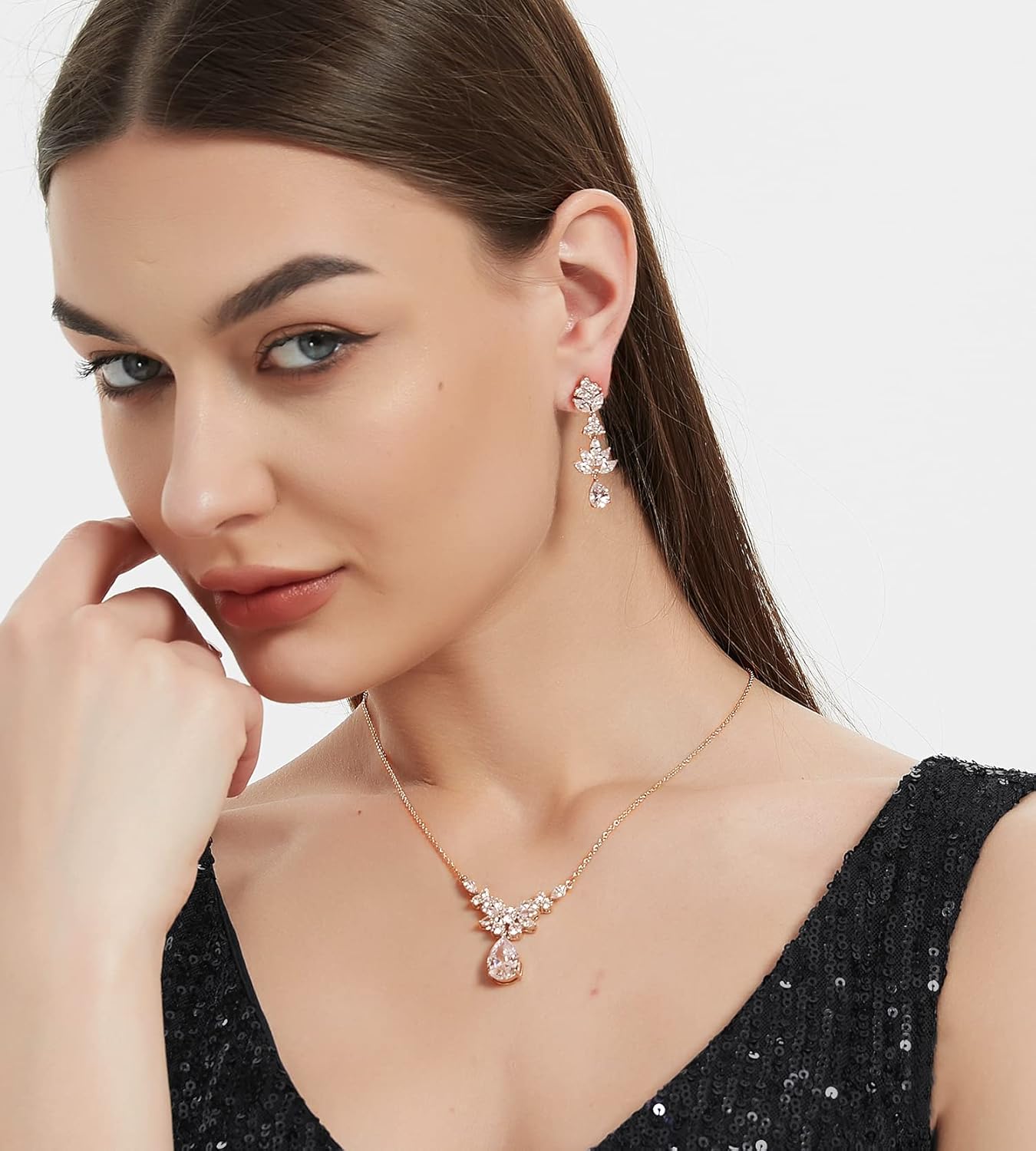 UDYLGOON Bride Wedding Jewelry Set Cubic Zirconia Crystal Earrings Necklace Bracelet Set For Bridal Bridesmaid Party Prom Homecoming - Image 4