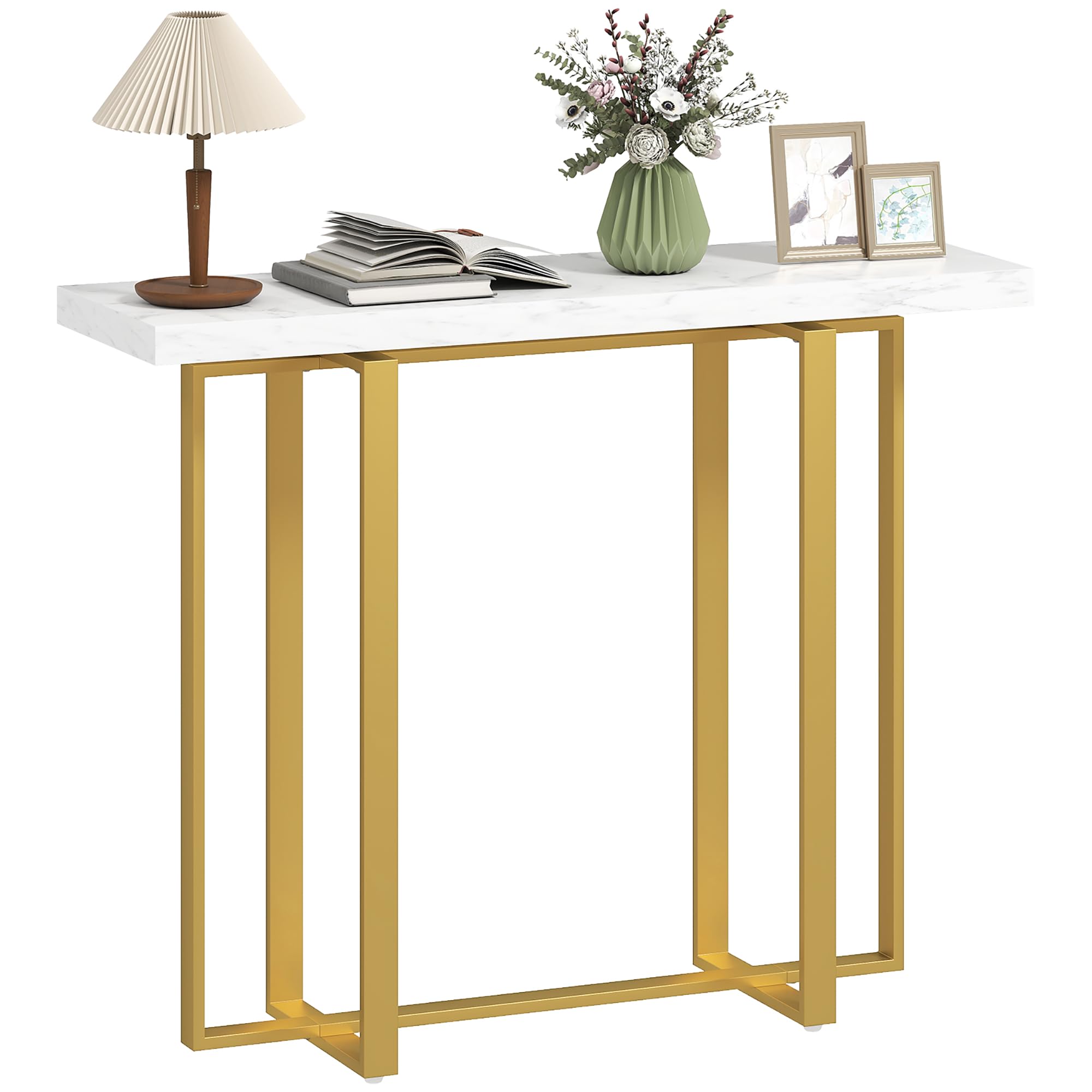 Portland - Accent Sofa Side Table - Slim Long - White - Gold Frame