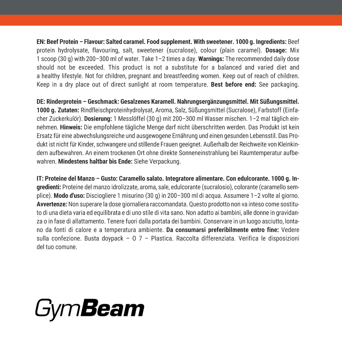 GymBeam Rinderprotein – Rinderproteinpulver mit über 90% Protein, leicht verdaulich, laktosefrei, geringer Zucker- und Fettanteil, alternative Proteinquelle für Sportler (1000 g, Salted Caramel)