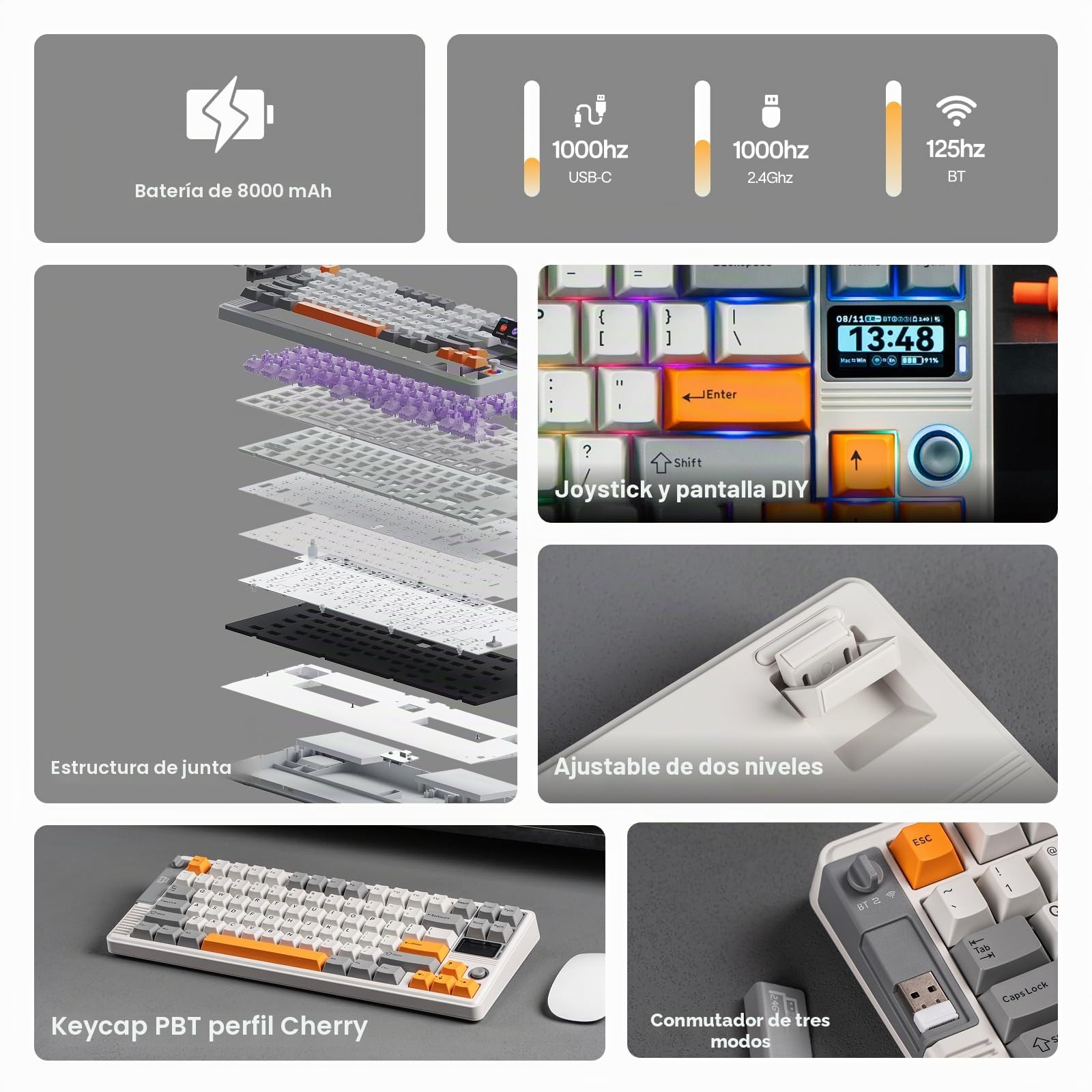 EPOMAKER RT85 Teclado Gaming Mecánico Inalámbrico con Joystick,Blanco Retro | Pantalla Personalizable, 8000mAh, BT/USB/2.4Ghz, Gasket, Acolchado de 5 Capas, Hot-Swap, Teclas PBT, Wisteria Linear Switch