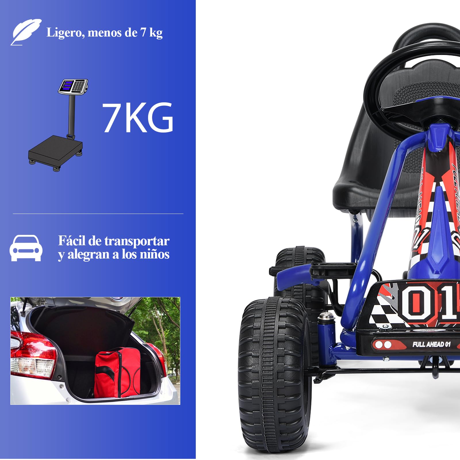 SOARS Kart Pedales para Niños de +3 Años, Kart con Asientos Regulable en 2 Posiciones y 4 Ruedas Antideslizantes, Marcha Adelante y Atrás, Kart con Freno de Mano, Carga Máxima 30kg (Azul)