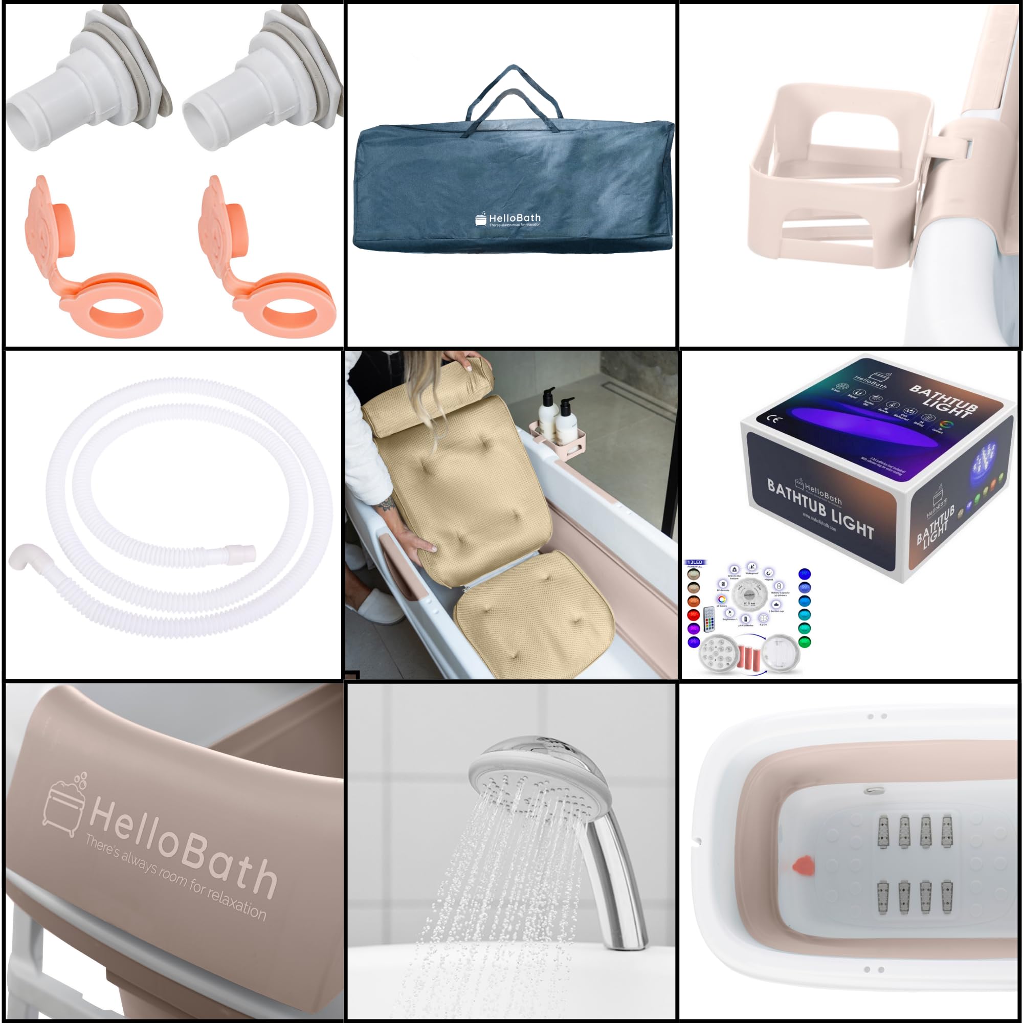 HelloBath® Bañera Plegable XXL 157x60x48 cm para Adultos | Bañera Portátil con Cojín de Baño, Bolsa de Almacenamiento, Luz LED & Rodillos de Masaje | Móvil para Ducha & Exterior | Arena