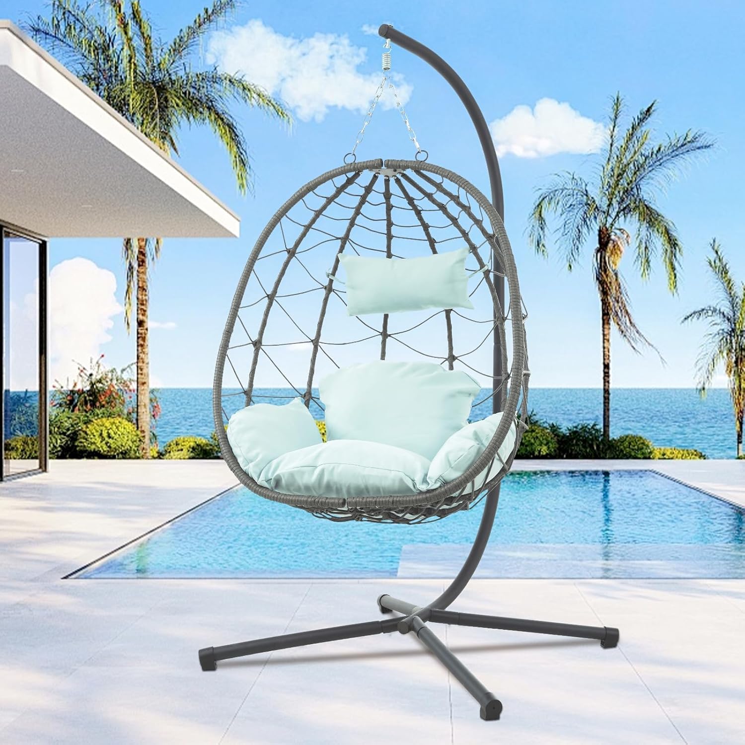 Hanging Double Egg Chair with Stand, 2 Person Comfy Patio Rattan Wicker Swing Hammock Chairs with Cushion, 700 LBS Capacity Egg Swing Chair for Indoor, Outdoor, Backyard, Balcony, Bedroom, Porch