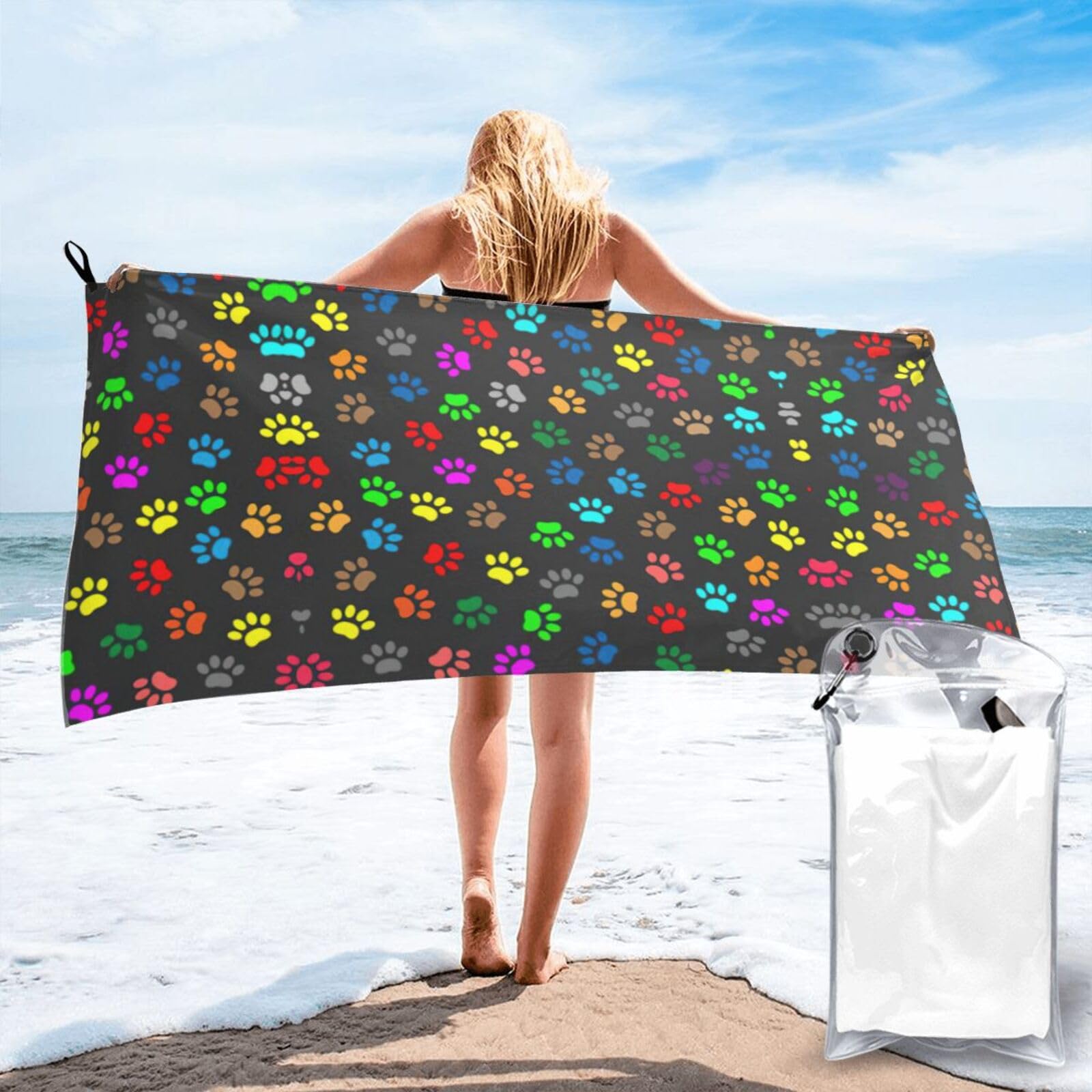 SDEGTHO Colorful Dog Paw Print Black Print Beach Towel Quick Dry Portable For Swimming Yoga Adults Fitness