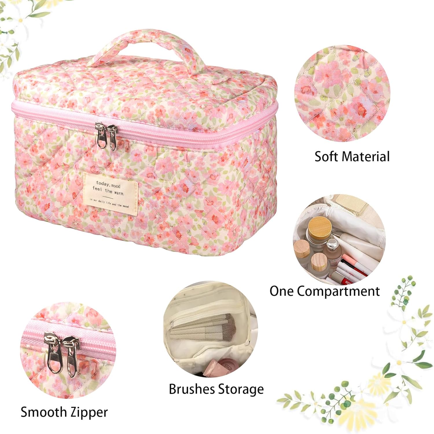 Quilted Makeup Bag, Large Cosmetic Bags for Women Girls, Cute Coquette Aesthetic Travel Toiletry Bag Make Up Organizer Bag - Image 2