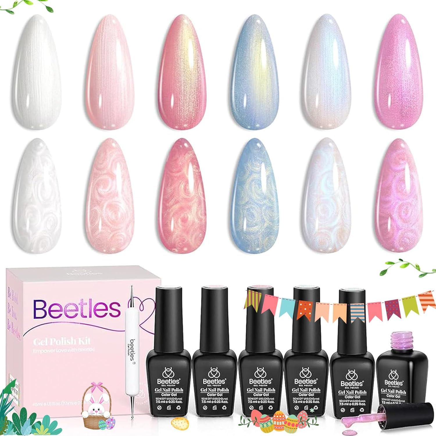 Beetles Pearl Gel Nail Polish Set - 6 Colors Pearl White Gel Nail Polish Mermaid Soak Off Uv Led Pink Blue Polish Swirl Thread Effect DIY Manicure Art Gift for Women
