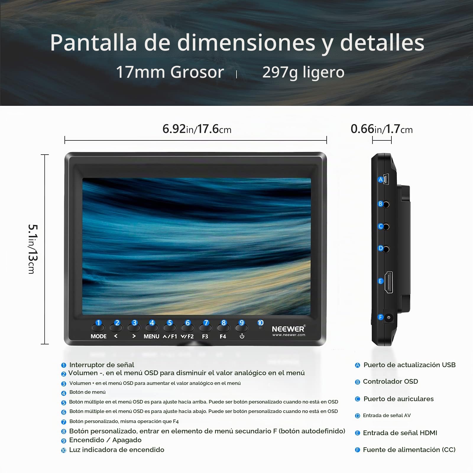 NEEWER F100 Monitor de Campo de Cámara de 7 Pulgadas HD Asistente de Video Delgado IPS 1280x800 Entrada HDMI 1080p con 2600mAh Batería de Li-Ion/Cargador USB para Cámara DSLR, Estabilizador de Mano