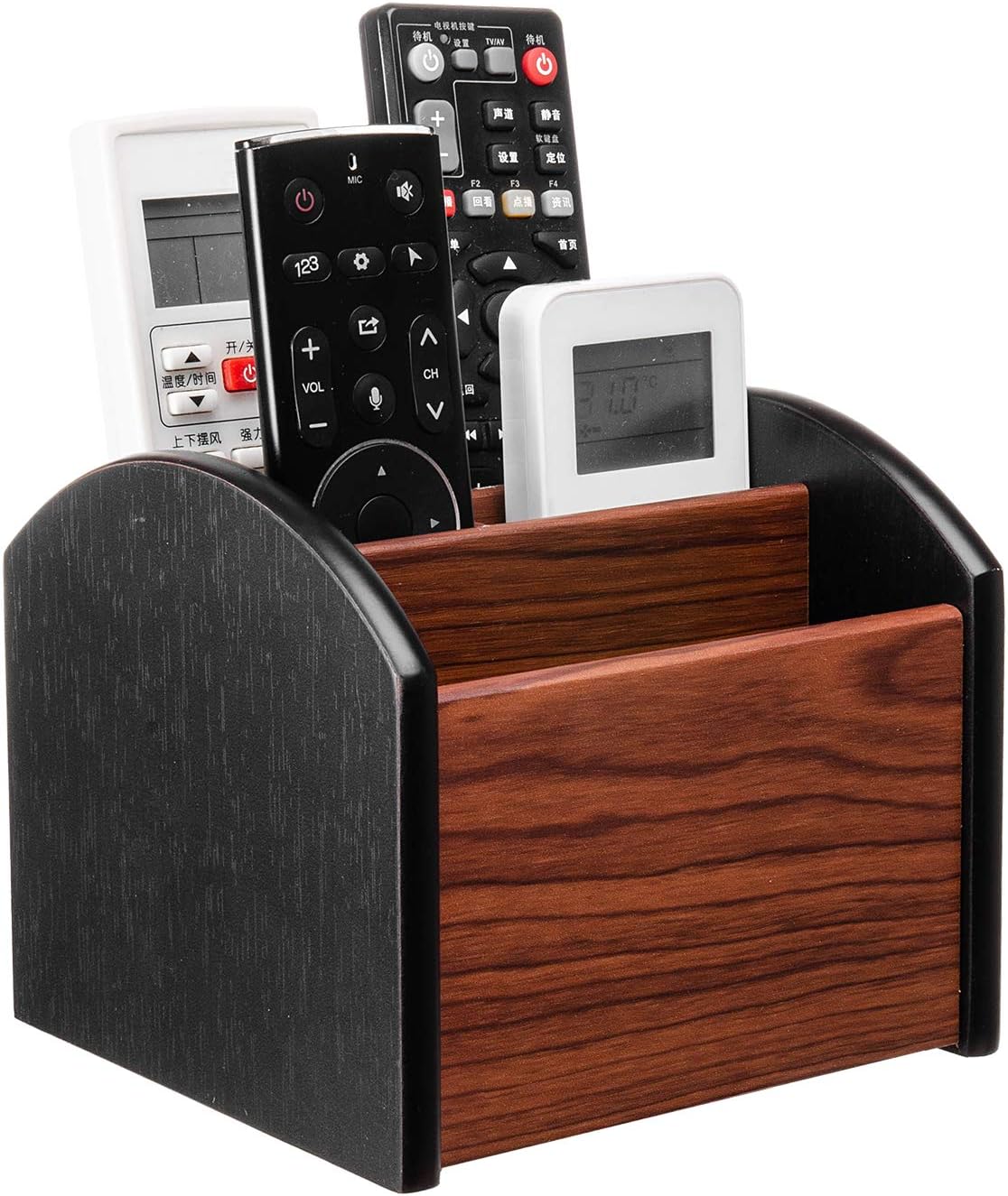 Revolving Wooden Desk Organizer 4 Compartment Remote Control Holder Brown Black Spinning Office Supplies Caddy Tabletop Storage Desktop Rotating Stationery Accessory Sorter Home