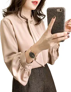 JFashion 胸元ボウタイブラウスレディーストップスシャツゆったりオフィス無地春夏通勤大きいサイズ（M、ベージュ）