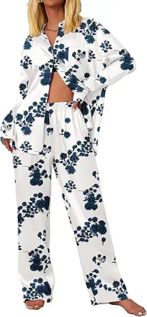 Ekouaer Womens Satin Silky Pajama Set 2 Piece Print PJs Soft Loungewear Button Down Sleepwear with Elastic Waist Long Pants