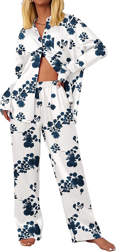 Ekouaer Womens Satin Silky Pajama Set 2 Piece Print PJs Soft Loungewear Button Down Sleepwear with Elastic Waist Long Pants
