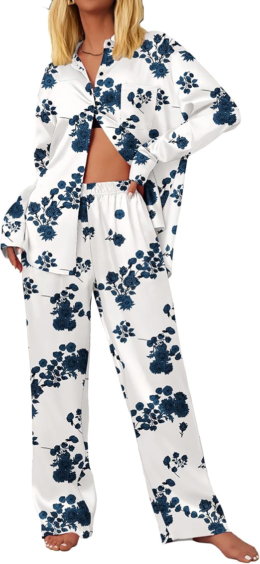 Ekouaer Womens Satin Silky Pajama Set 2 Piece Print PJs Soft Loungewear Button Down Sleepwear with Elastic Waist Long Pants