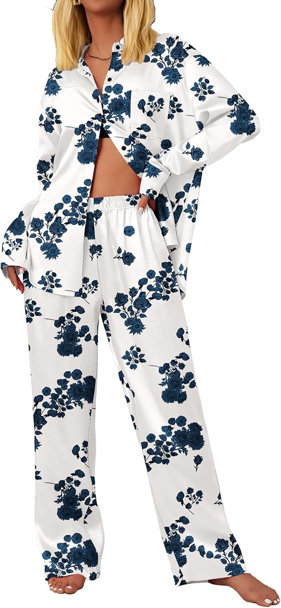 Ekouaer Womens Satin Silky Pajama Set 2 Piece Print PJs Soft Loungewear Button Down Sleepwear with Elastic Waist Long Pants
