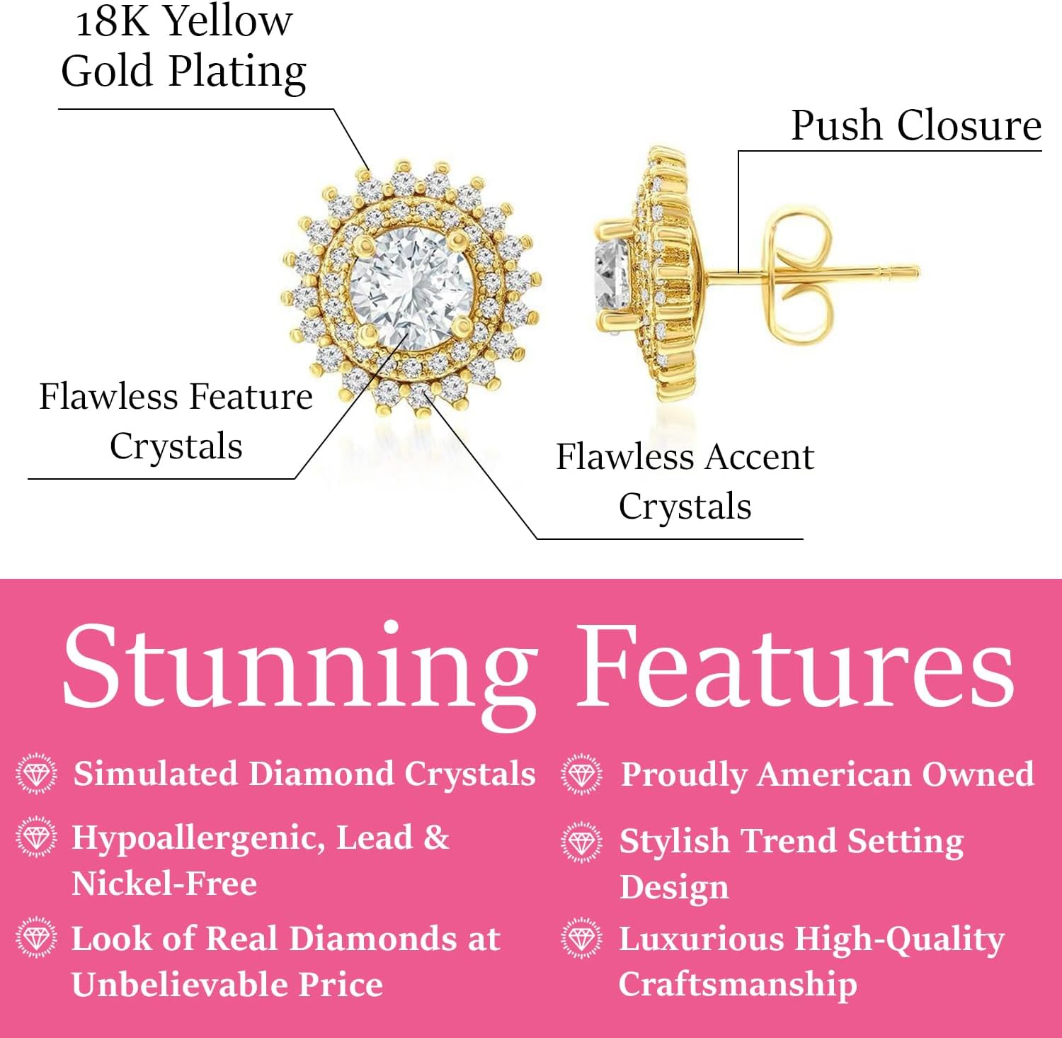 Cate & Chloe Cordelia 18k White Gold Halo Stud Earrings with Round Cut Simulated Diamond Crystals, Hypoallergenic Jewelry for Women, Gift for Her