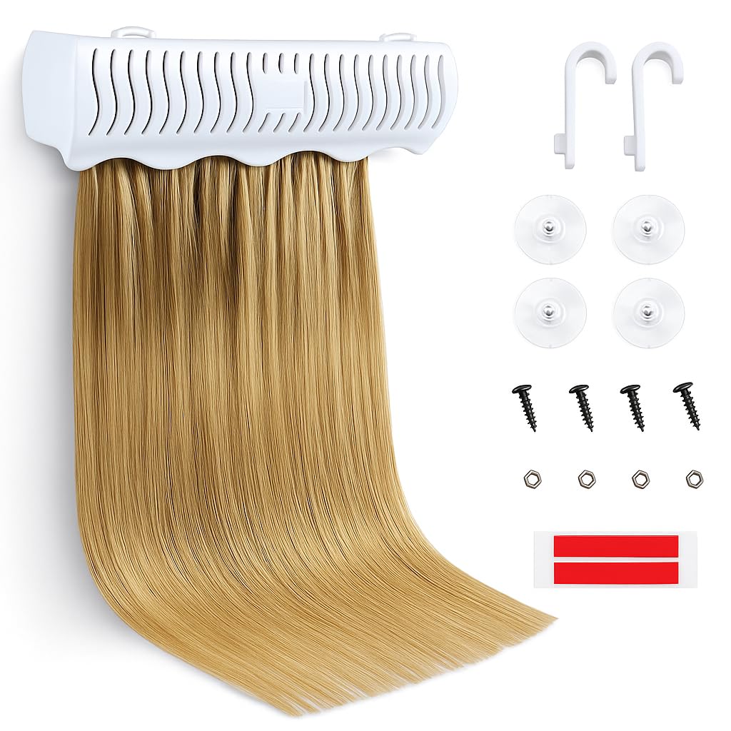 Full Shine Hair Extension Holder Stand Hanger for Styling Washing Tool Blow Drying Coloring and Storage Strong Clamp Tool for Weft Clip in Hair Extensions, With 2 Suction Cups and Tool, Color White