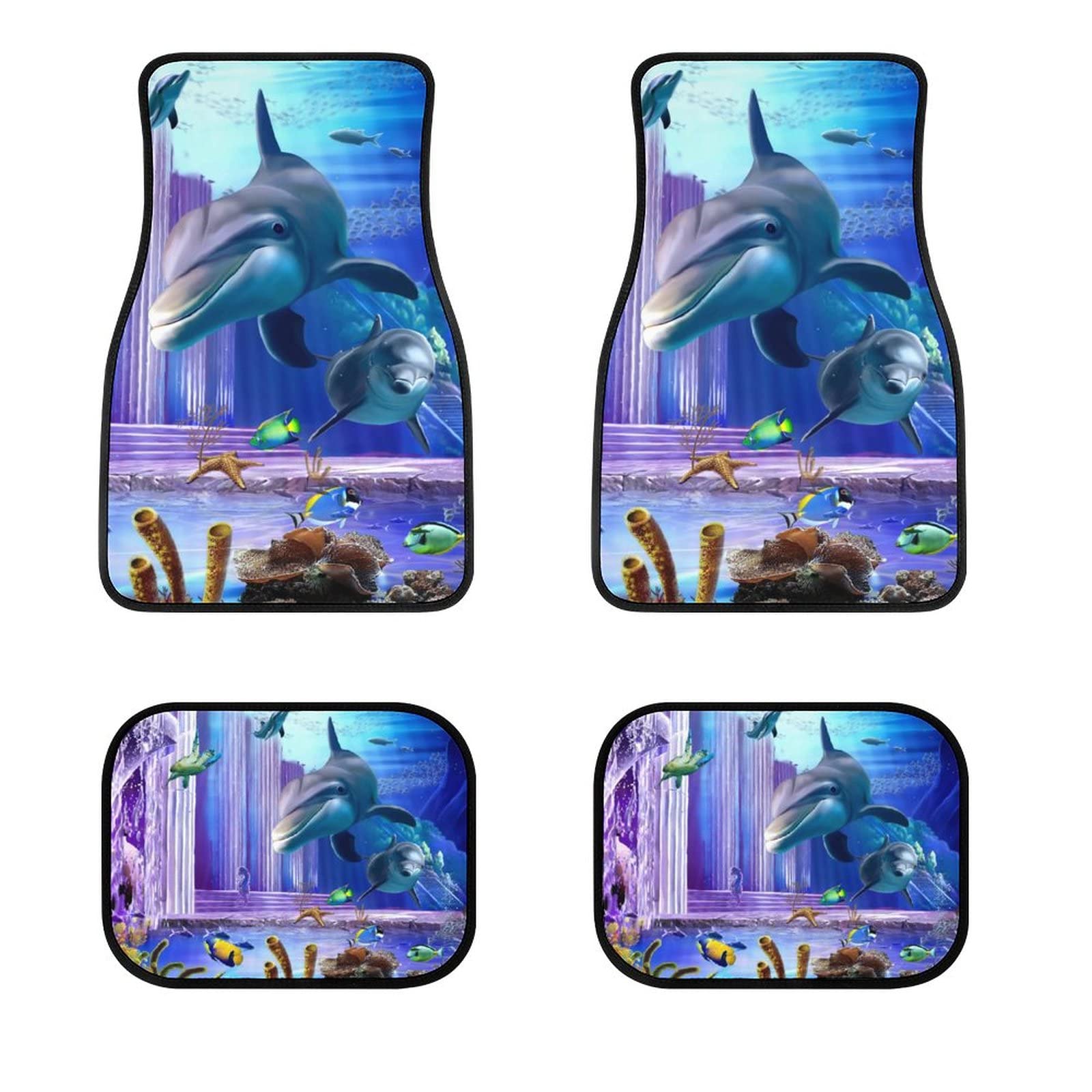 Delerain Dolphins and Fish 4-Piece Car Floor Mats Front and Rear Rubber Backing Carpet, Auto Foot Mats All Weather Universal Fit Car Decor Accessories Fit for SUV, Vans, Sedans, Trucks
