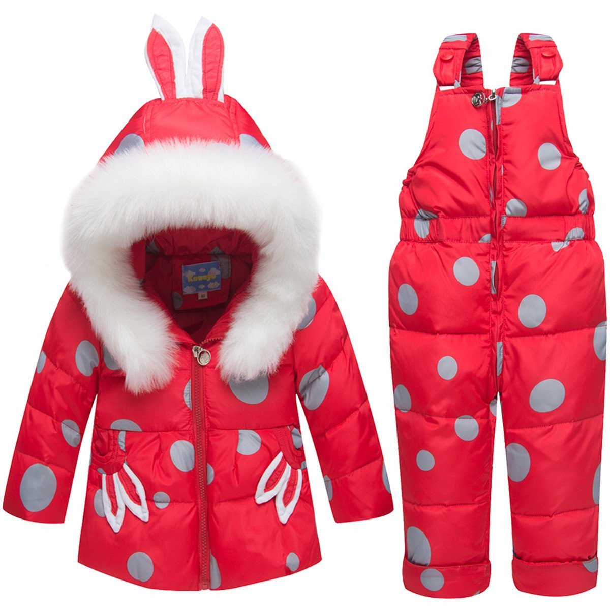 JELEUON Baby Girls Two Piece Polka Dots Puffer Down Hooded Ears Fur Trim Snowsuit Jacket with Snow Ski Bib Pants 3-4 Years