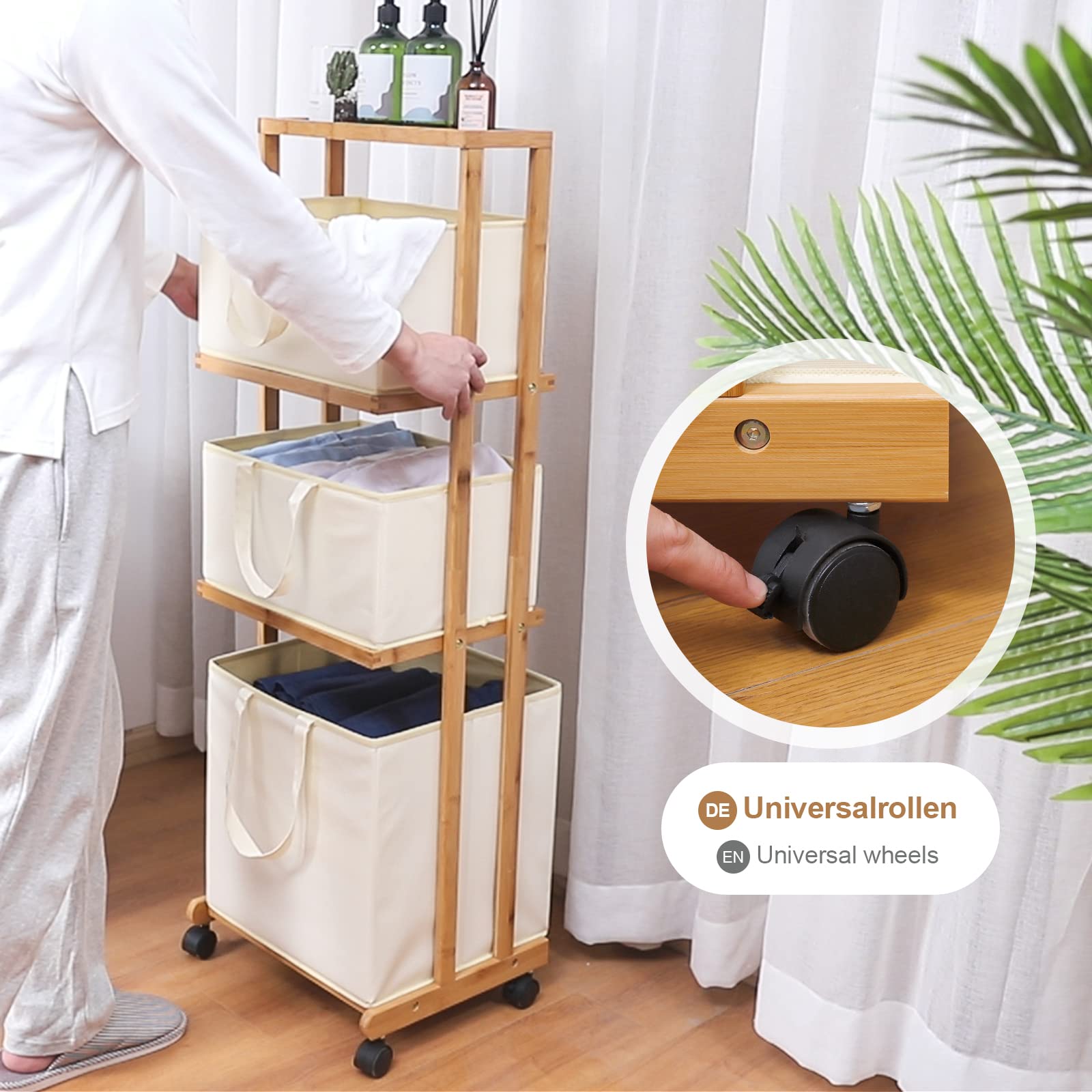 Yorbay Cesta Portabiancheria in Bambù con Ruota, 3 Ceste Estraibili, Cesto per Vestiti Sporchi, Scaffalatura Portaoggetti per Bagno Camera, Mobile, 121x34x42cm, Beige