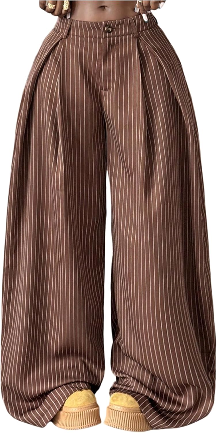 GORGLITTER Women's Baggy Dress Pant Low Rise Pleated Barrel Cargo Oversized Wide Leg Business Casual Trousers