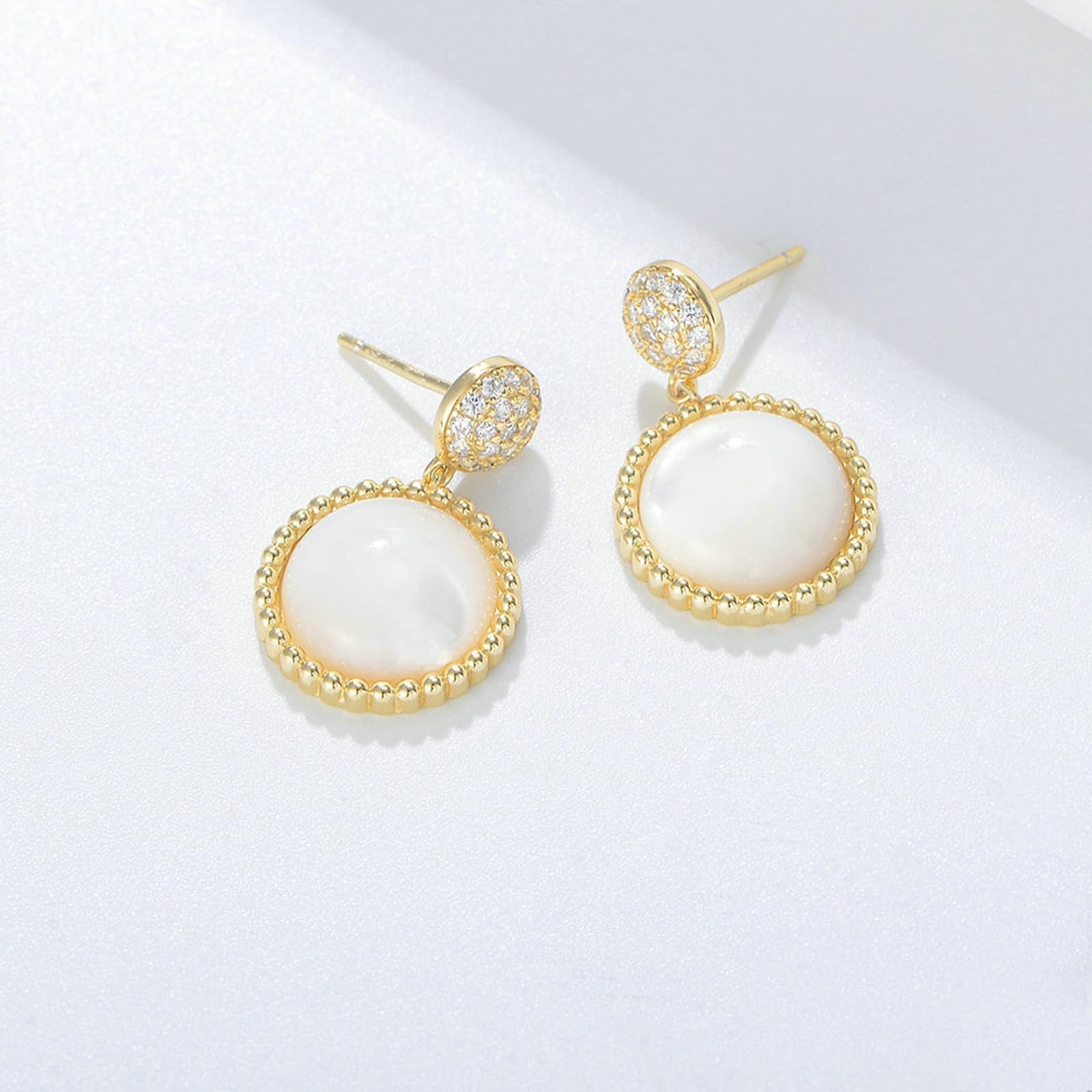 Pendientes de oro para mujer de 9/14/18 quilates, aretes colgantes de concha con diamantes de oro real para ella