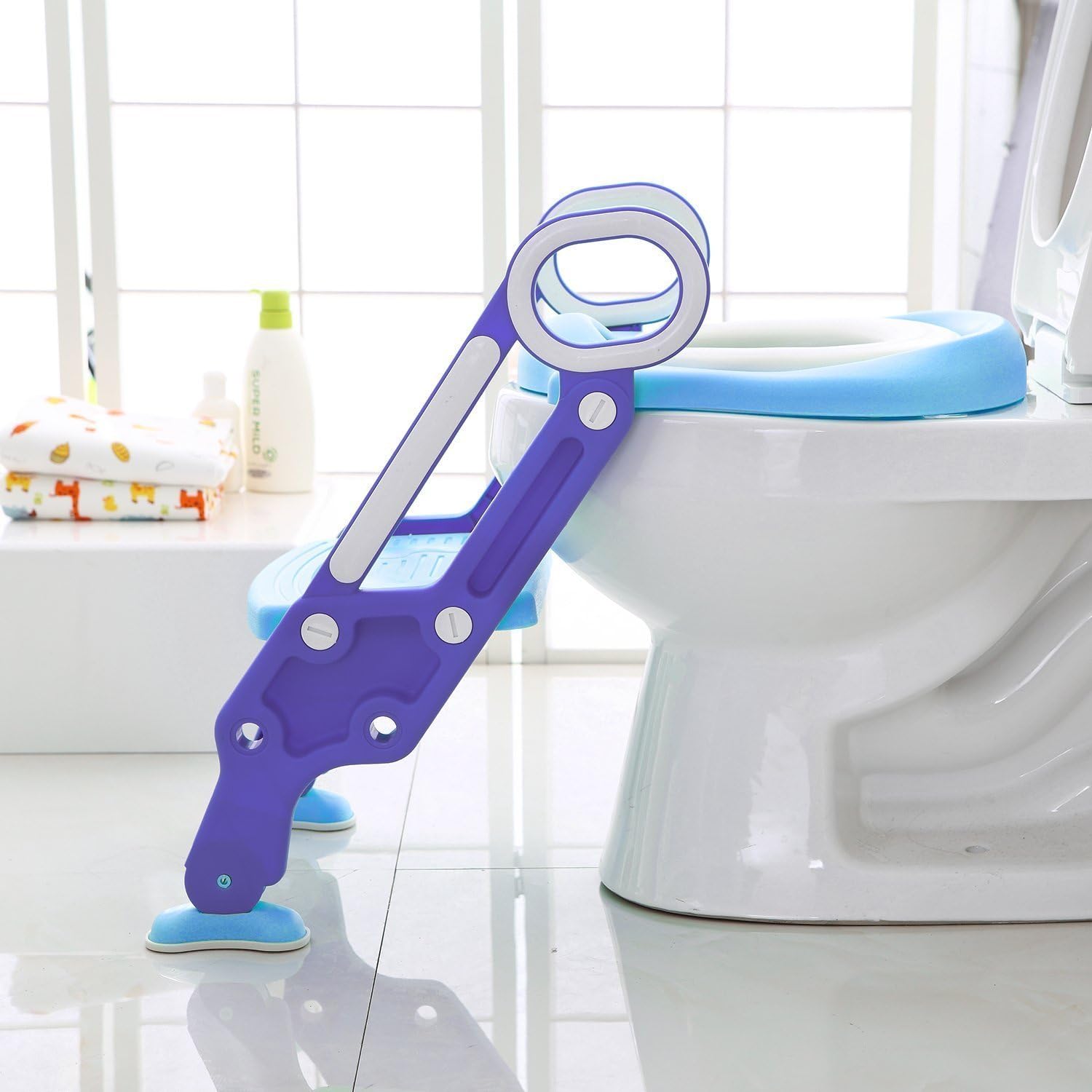 Potty Training Seat with Step Stool Ladder and Handles for Baby Toddler Kid Children Boys and Girls Toilet Training Chair with Padded Soft Cushion and Non-Slip Wide Step (Blue Purple)