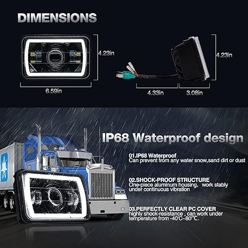 Miniatura 5 de Gottow Faros delanteros LED de 4 x 6 pulgadas, 4 unidades, aprobados por puntos, faro rectangular de haz altobajo con luz de señal de giro ámbar DRL