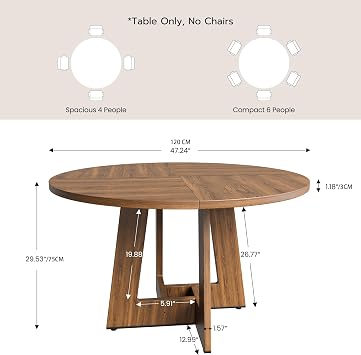 YOUDENOVA Round Dining Table Wooden Kitchen Table for 4–6 People, Circle Dining Room Tables 120cm for Living Room, Rustic Brown (Only Table)