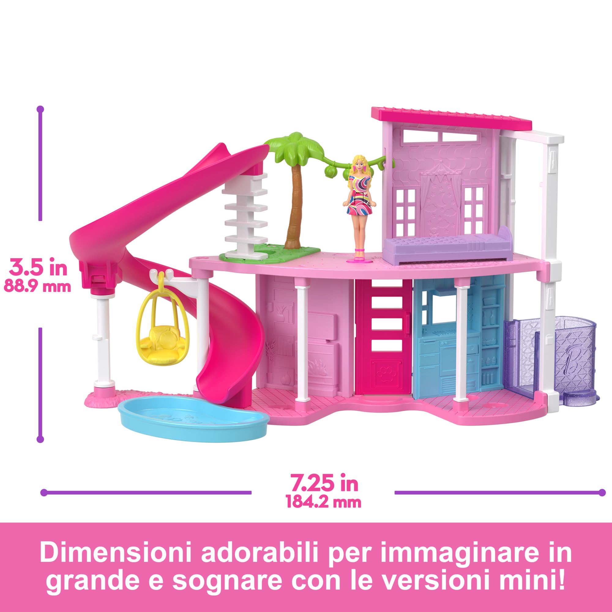 Barbie Mini BarbieLand - Mini Casa dei sogni 1, playset con bambola Barbie da 3,8 cm a sorpresa, mobili, accessori, ascensore e piscina inclusi, giocattolo per bambini, 4+ anni, HYF45