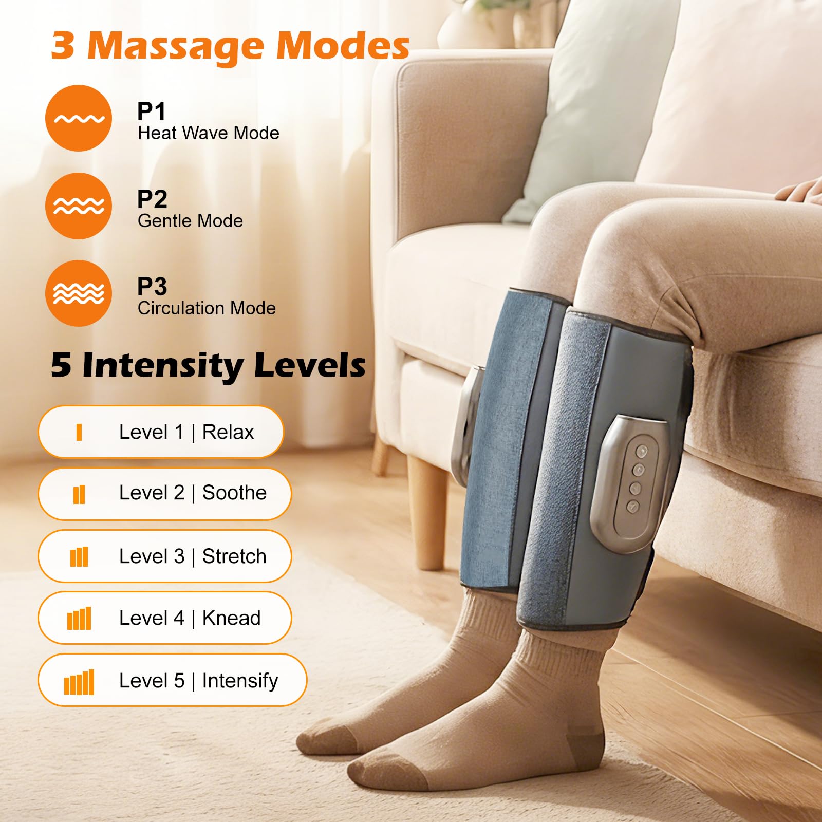 Massaggiatore per polpacci senza fili con 3 livelli di calore, 2 pezzi massaggiatore per gambe a compressione d'aria, 3 modalità, 5 intensità, massaggiatore per polpacci portatile per rilassamento