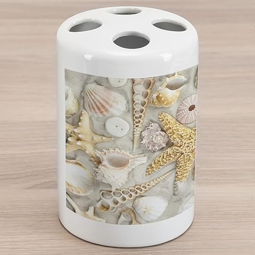 Ambesonne Shell - Soporte para cepillos de dientes de cerámica, conchas marinas surtidas en Sandy Beach, vacaciones de verano, fotografía costera,