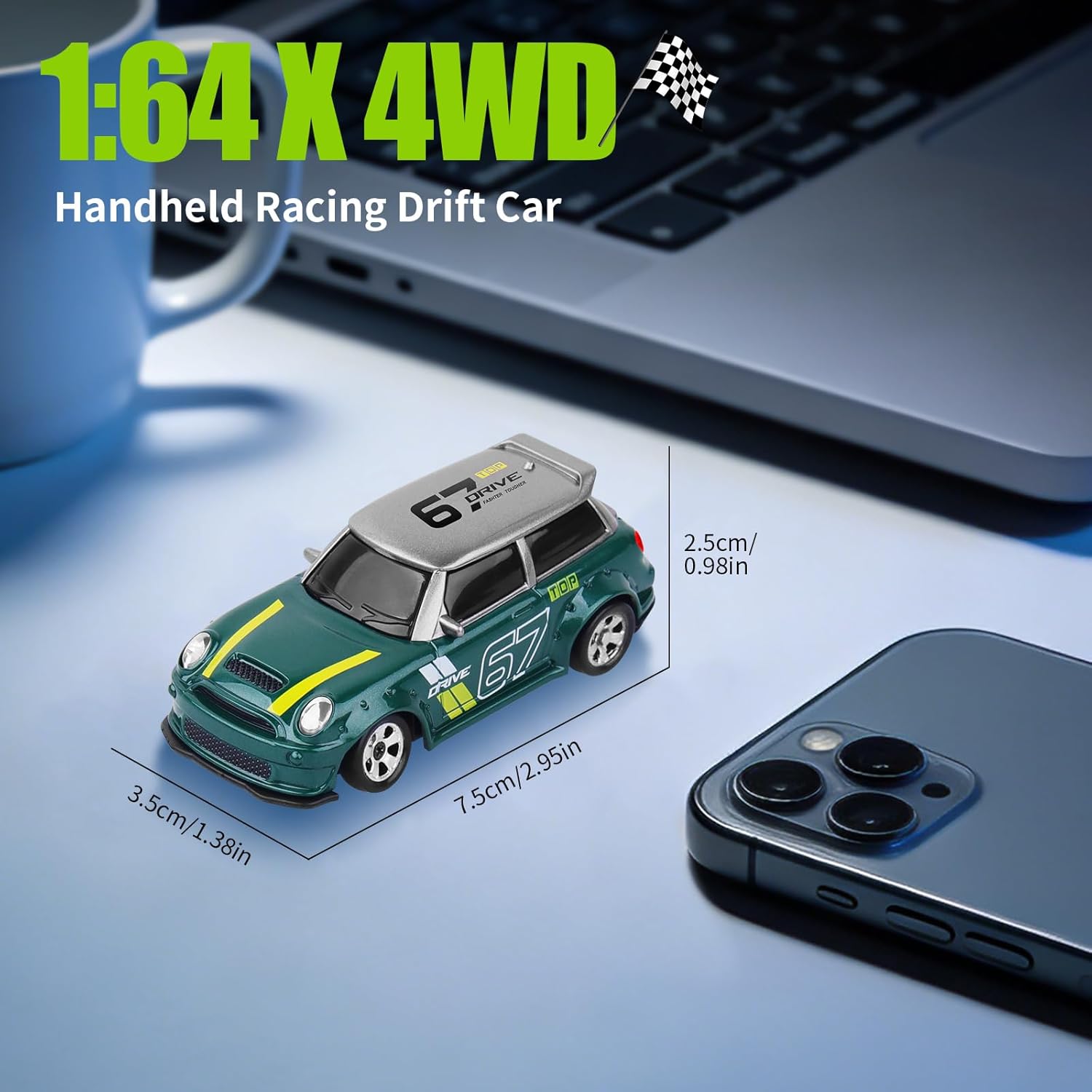 1:64 Mini RC Drift Car, 4WD Remote Control Car with LED Lights, Proportional Throttle, Multiple Drift Modes, USB Type-C Rechargeable Desktop Racing Toy for Kids & Adults