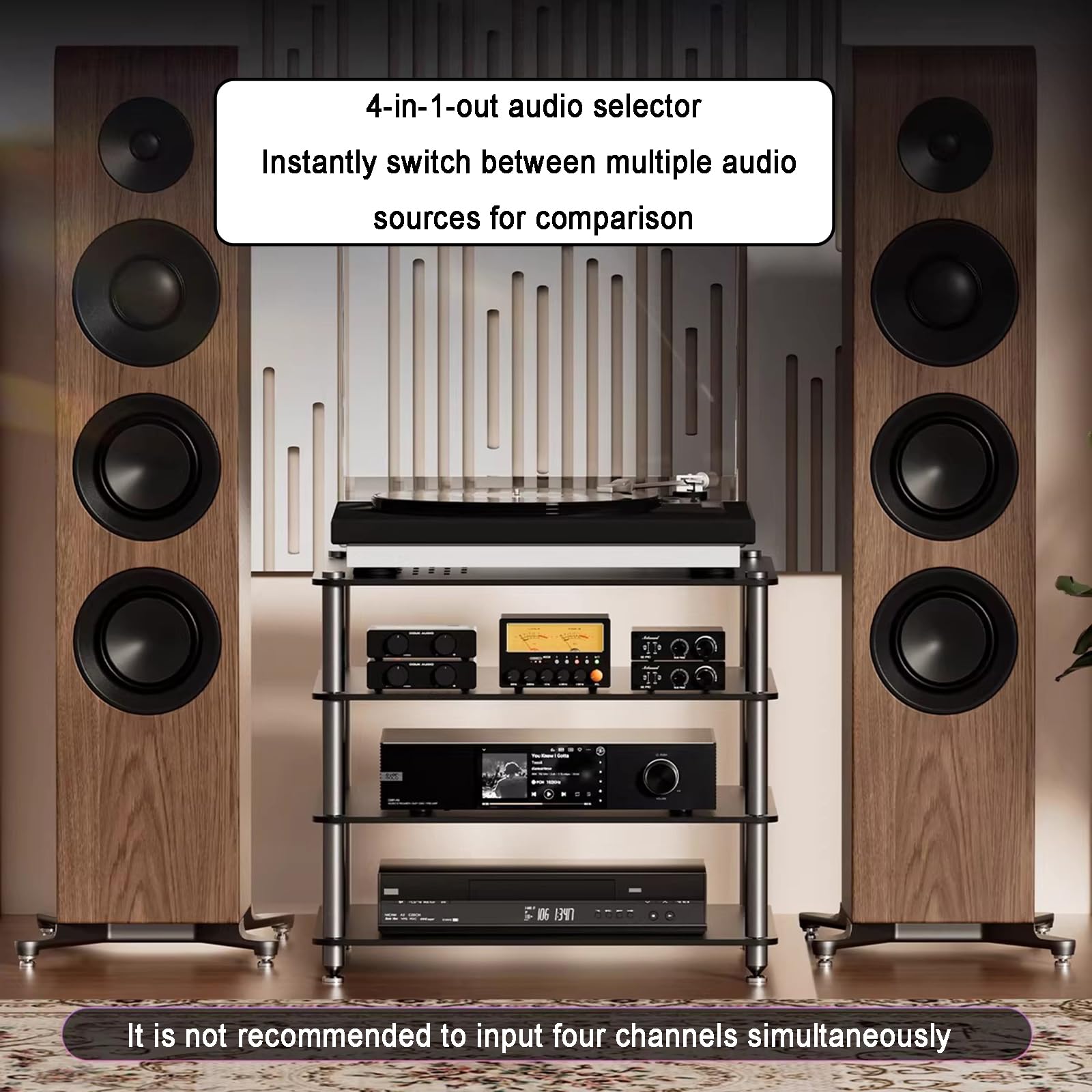 Interruttore audio a 4 vie con preamplificatore stereo HiFi EQ, splitter RCA, misuratore VU, amplificatore per cuffie, controllo del volume e ingresso AUX per Home Theater, studio o DJ
