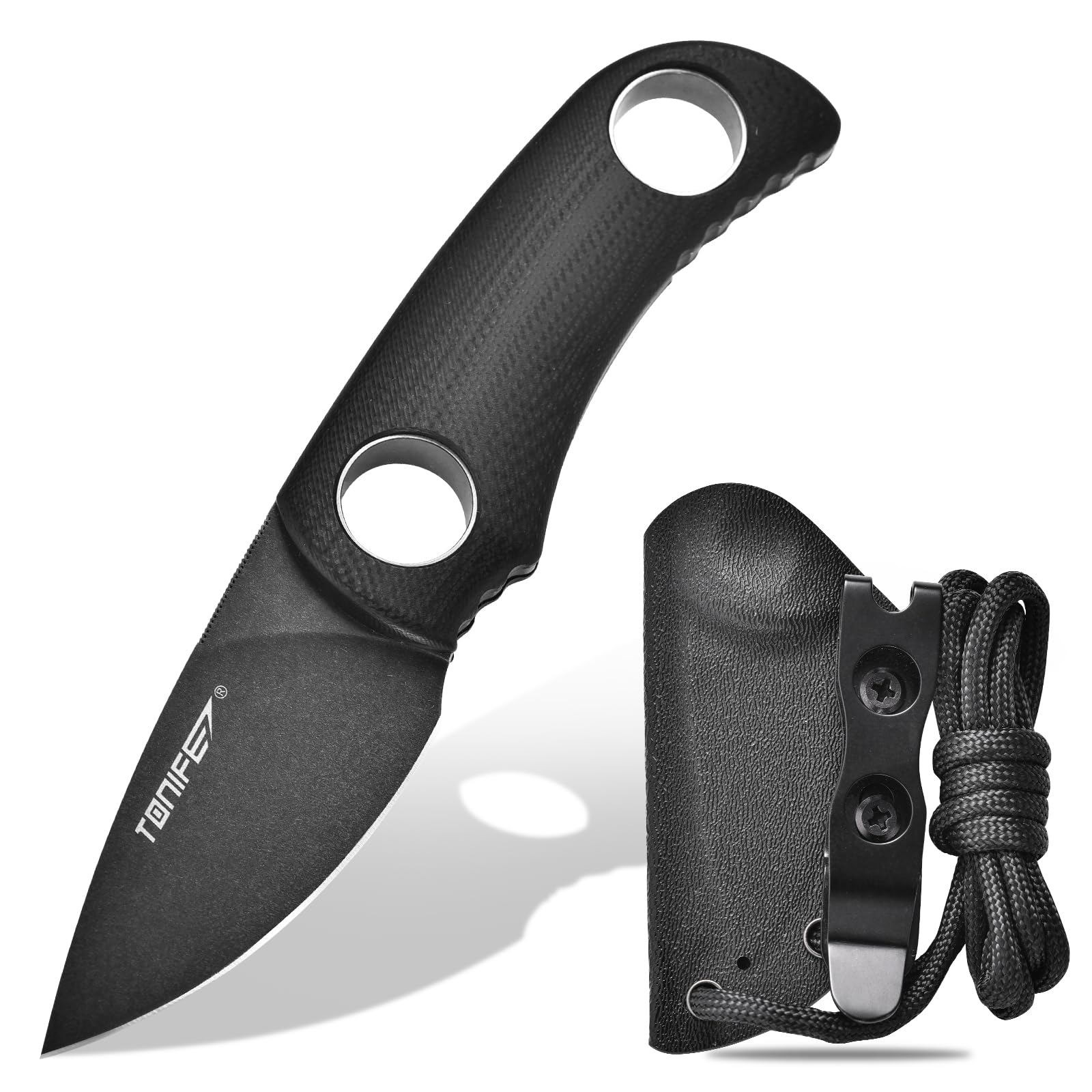 TONIFE Runer Fixed Neck Knife with Scabbard and Lanyard 1.85'' Full Tang Blade Edc Knife Neck Knife for Outdoor (Black+Black Oxide then Stonewash)