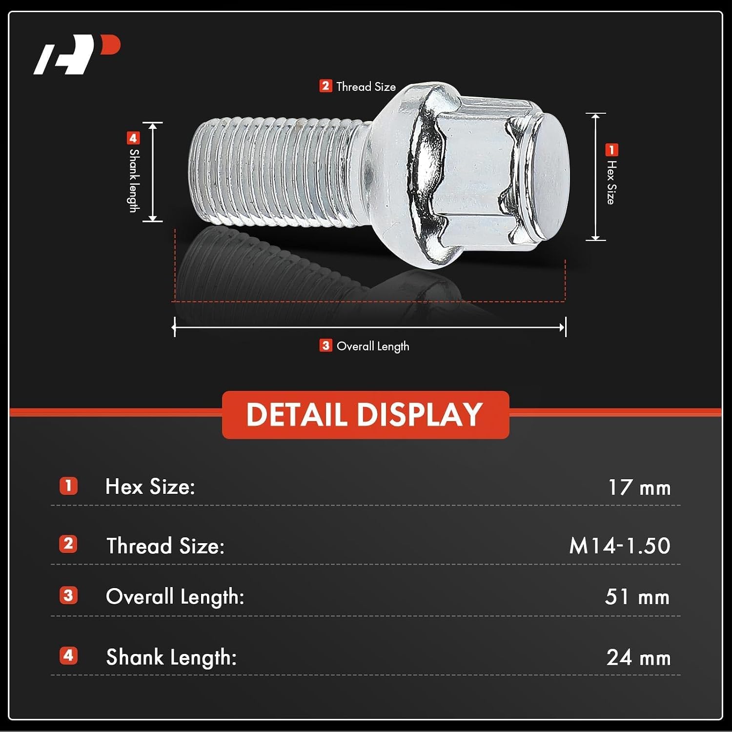 A-Premium 4-PC M14-1.5 Wheel Studs W/Socket Key Compatible with Audi A4, A4 allroad, A4 Quattro, Q5, Q7, A5, A5 Quattro, A5 Sportback, A6, A6 Quattro, A3, A3 e-tron & More - 24 mm Shank, 51 mm Thread