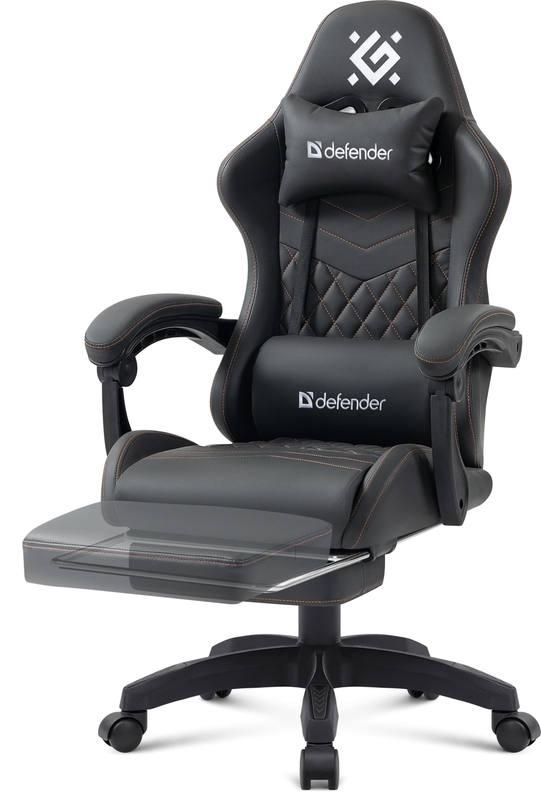 Defender® Gaming Stuhl, Ergonomischer PC Stuhl, bequemer Bürostuhl für Home Office oder Gamer-Sessel, Kopfkissen, Höhenverstellbar, Computerstuhl, PVC-Leder, Schwarz