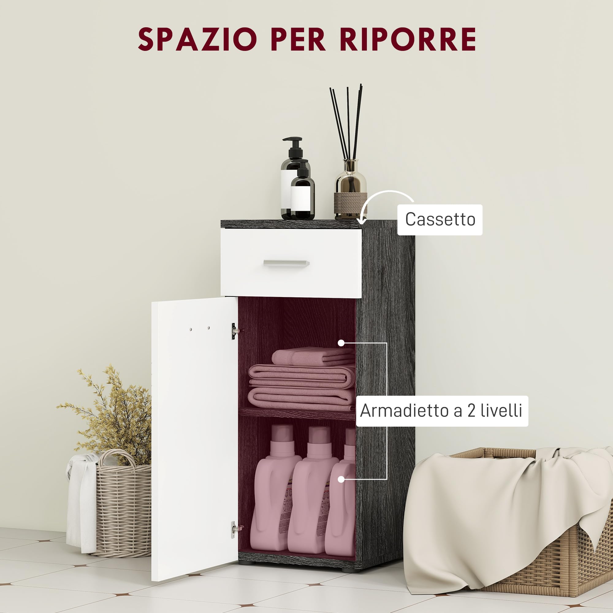 kleankin Mobile Bagno con Cassetto e Armadietto a un'Anta, Mobiletto da Bagno Salvaspazio in Legno, Armadietto per Sala da Pranzo, Salotto, Soggiorno, Cucina, 35x30x77.5 cm, Bianco e Nero