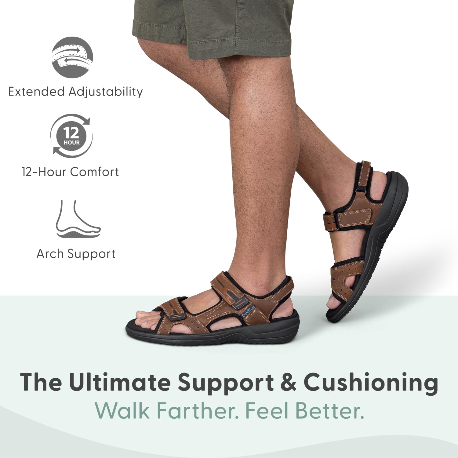 Orthofeet Gemini Orthopedic Mens Leather Sandals | Triple Adjustable Straps with Open-Toe Anatomical Arch Support Ergonomic Cushioning Wide Toe Box for Casual Outings product thumbnail 4