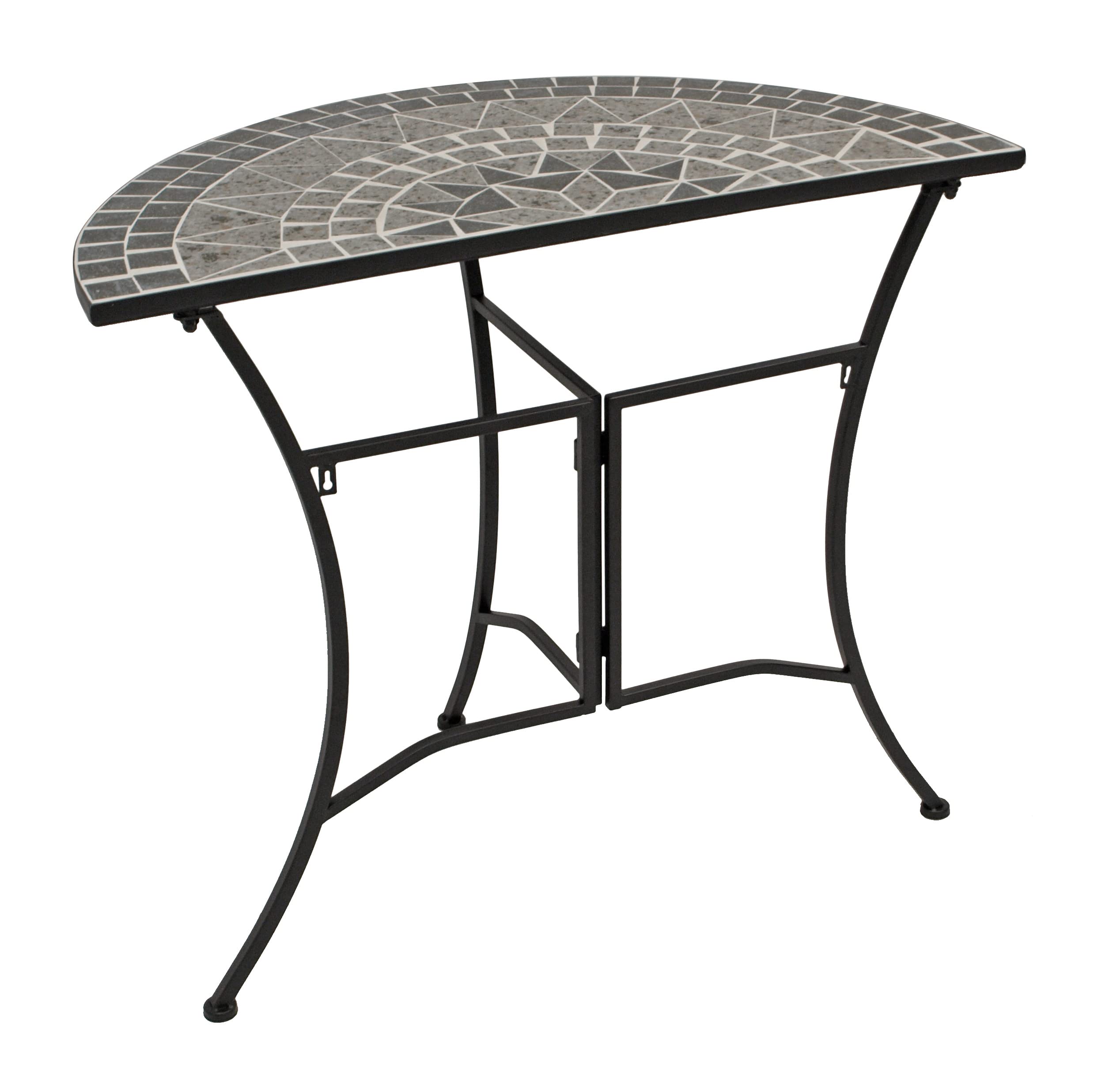 DEGAMO Balkonset Siena 3-teilig, 2X Klappstuhl und 1x Tisch 45x90cm halbrund, Eisen schwarz mit Mosaik Dekor grau/Weiss, mit Polstern grau
