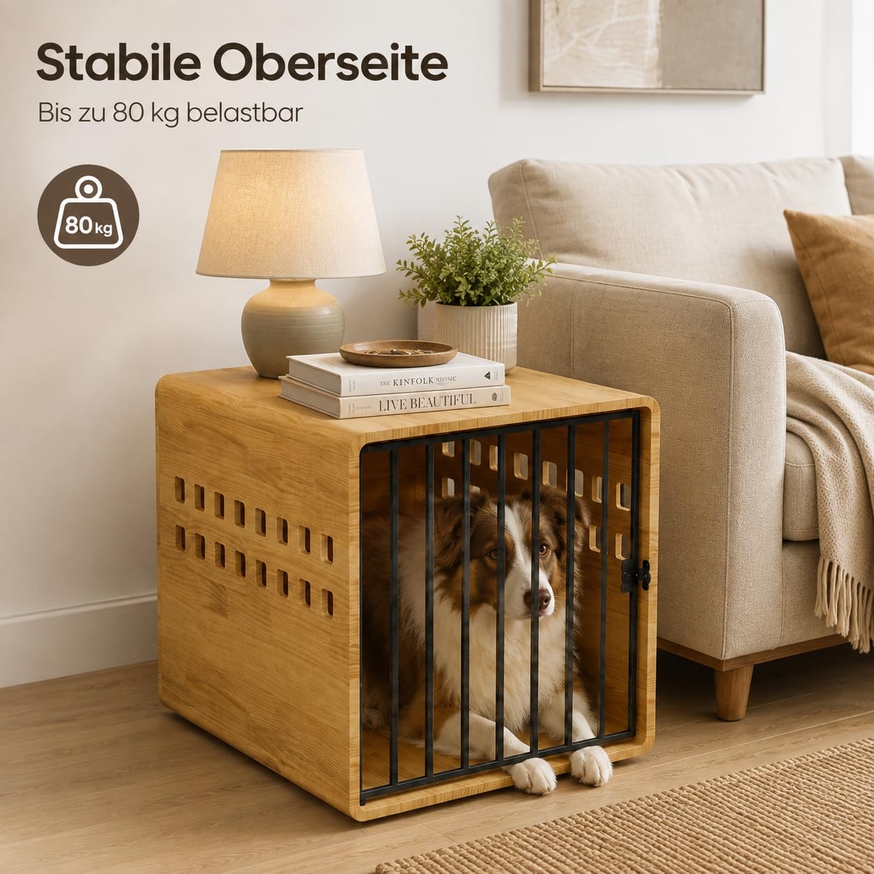 Hundebox Holz mit Metalltür, Indoor Hundehütte, 80 x 60 x 61,5 cm