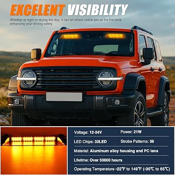 Nilight 32LED Amber Dash Strobe Light w/Controller Windshield Mount