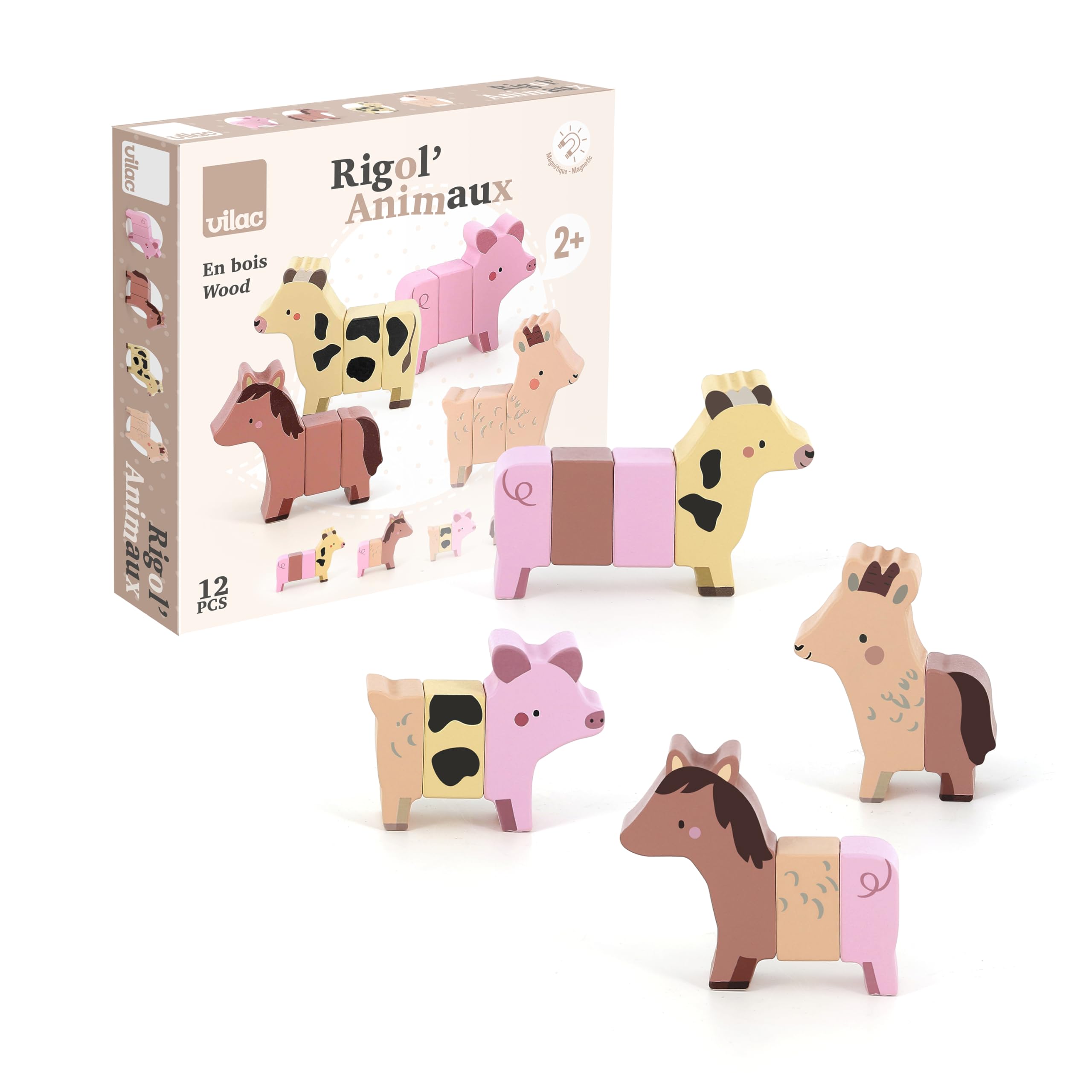 VILAC - Rigol'animos Ferme - Sarah Betz - First Age Toy - 4 Magnetic Wooden Farm Animals to Recompose (12 Pieces Total) - From 2 Years Old - 7116