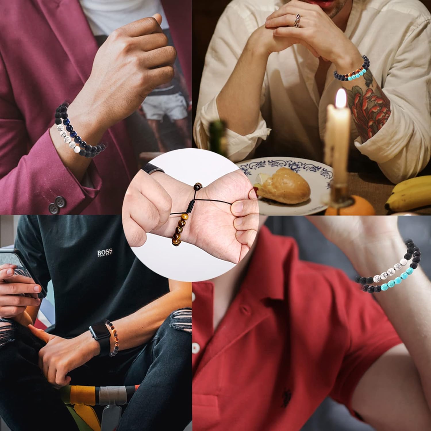 5PCS 8MM Natural Stone Bead Bracelets for Men, Adjustable Lava Rock,Tiger Eye bracelet is a suitable gift for Dad/Husband/Brother/Boyfriend on Birthday and Christmas. - Image 6